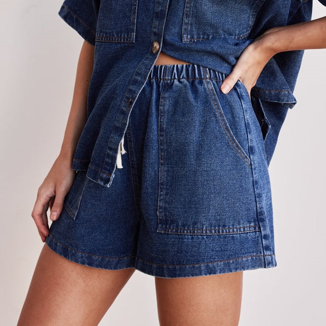 Boxy Denim Shirt and Shorts Set - Shorts