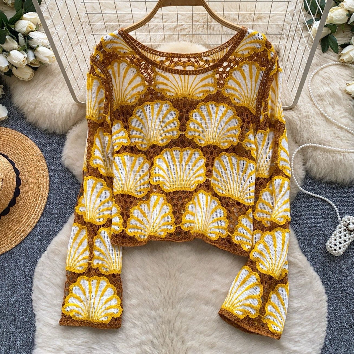 Coastal Seashell Scallop Crochet Open-Knit Top - Brown