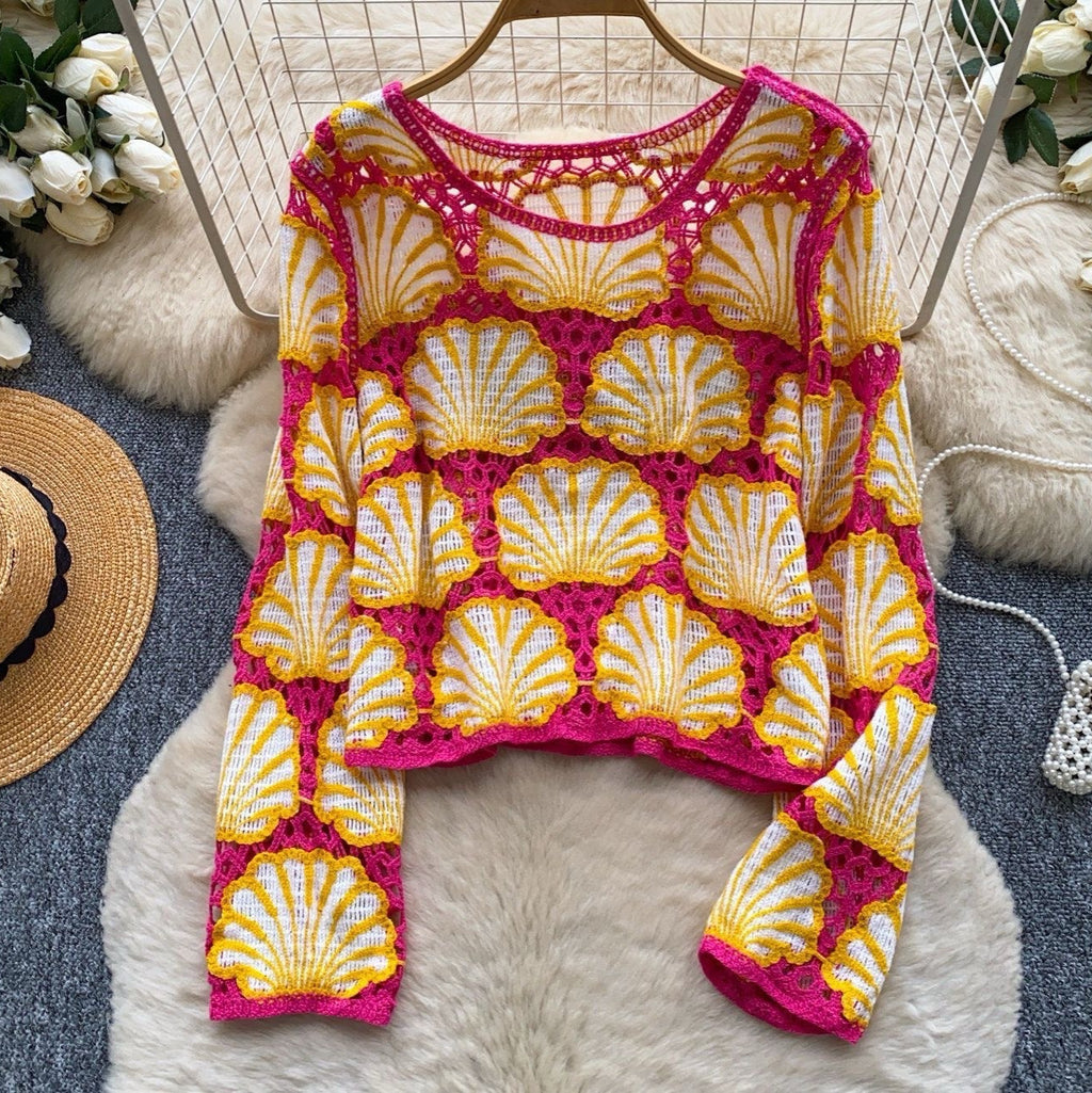 Coastal Seashell Scallop Crochet Open-Knit Top - RoseRed