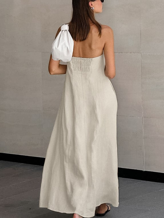 Strapless Bandeau Smocked Back Maxi Dress - Khaki - 1