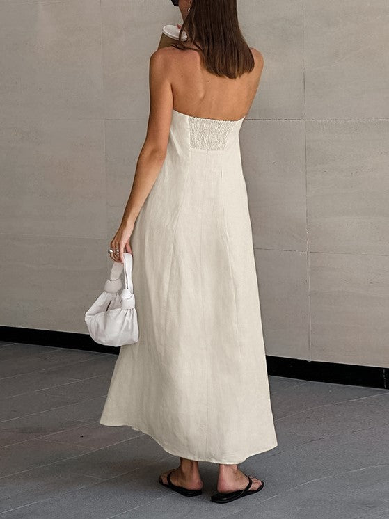 Strapless Bandeau Smocked Back Maxi Dress - Khaki - 2