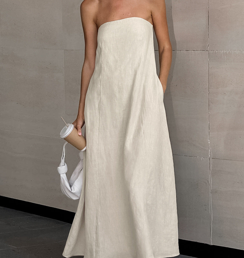 Strapless Bandeau Smocked Back Maxi Dress - Khaki - 4
