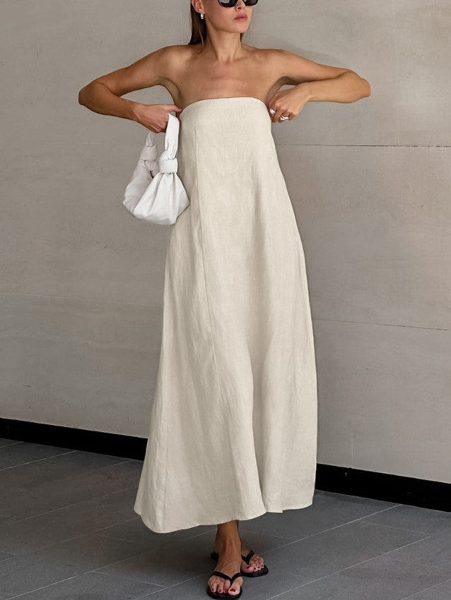 Strapless Bandeau Smocked Back Maxi Dress - Khaki - 5