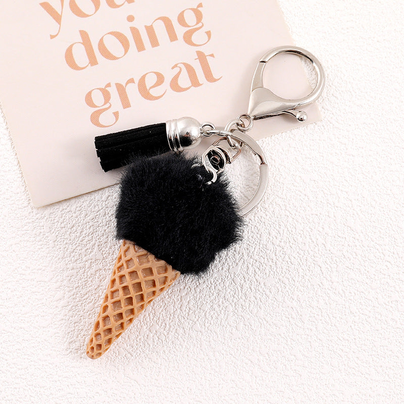 Ice Cream Cone Pom Pom Keychain - Black