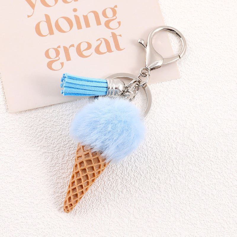Ice Cream Cone Pom Pom Keychain - Blue