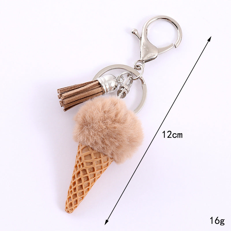 Ice Cream Cone Pom Pom Keychain - Brown