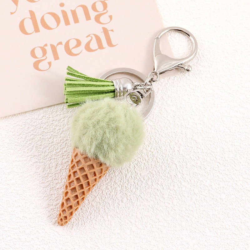 Ice Cream Cone Pom Pom Keychain - Green