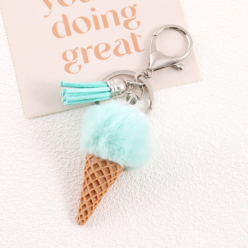 Ice Cream Cone Pom Pom Keychain - Mint
