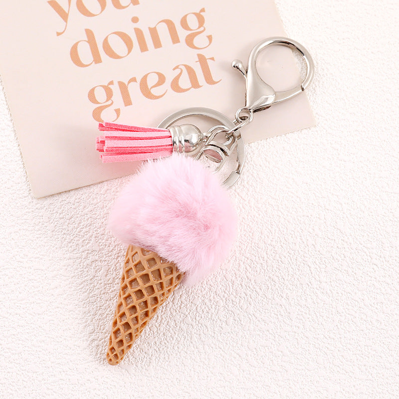 Ice Cream Cone Pom Pom Keychain - Pink