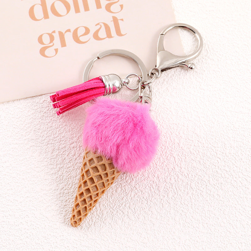 Ice Cream Cone Pom Pom Keychain - RoseRed