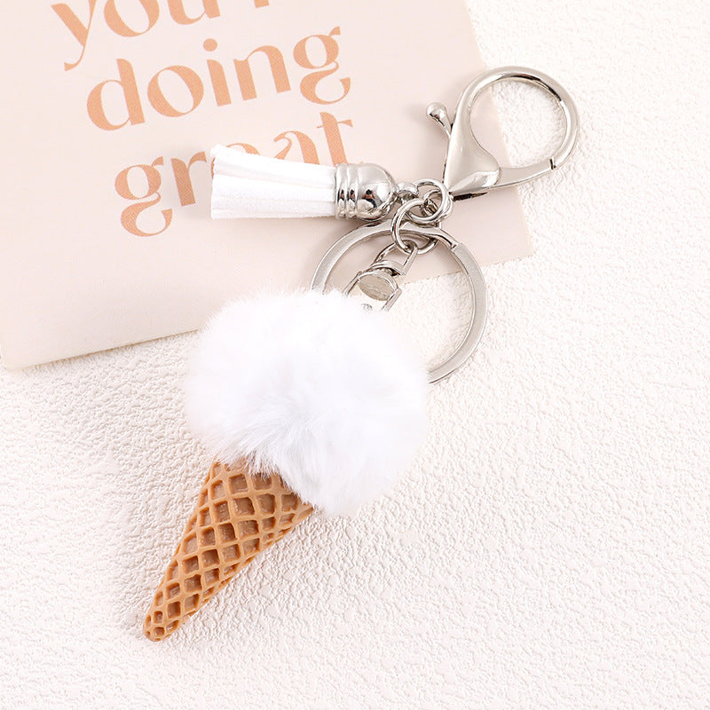 Ice Cream Cone Pom Pom Keychain - White