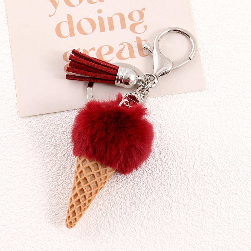 Ice Cream Cone Pom Pom Keychain - WineRed