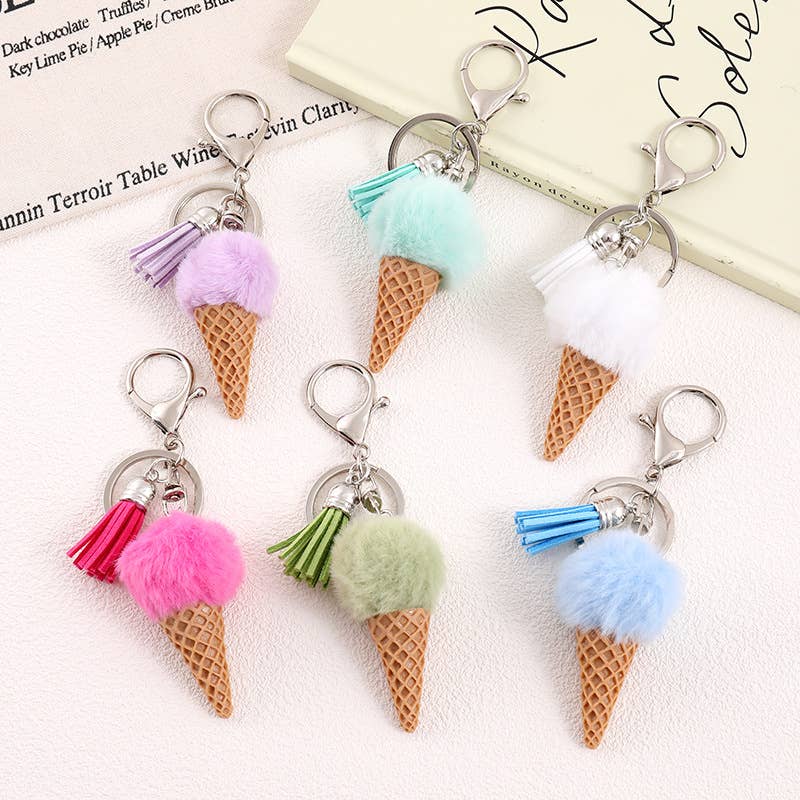 Ice Cream Cone Pom Pom Keychain