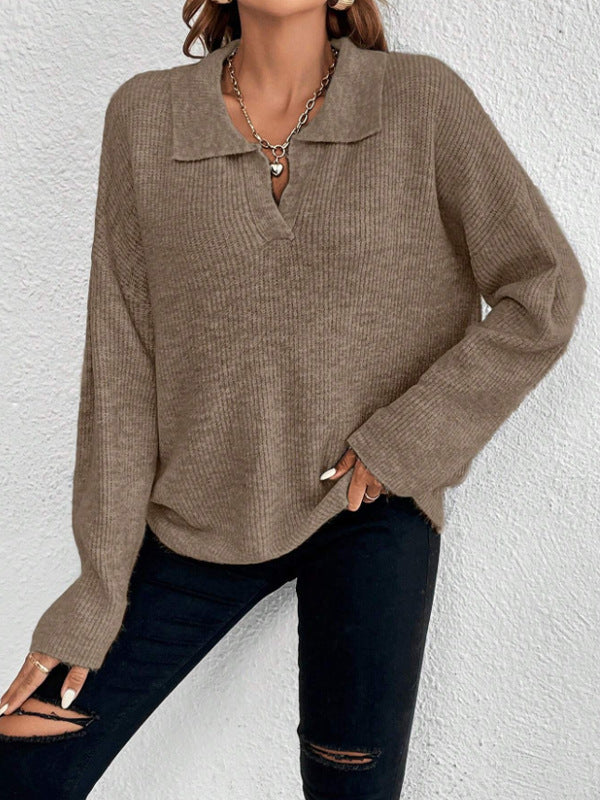 Collared Split Neck Ribbed Knit Top - Camel