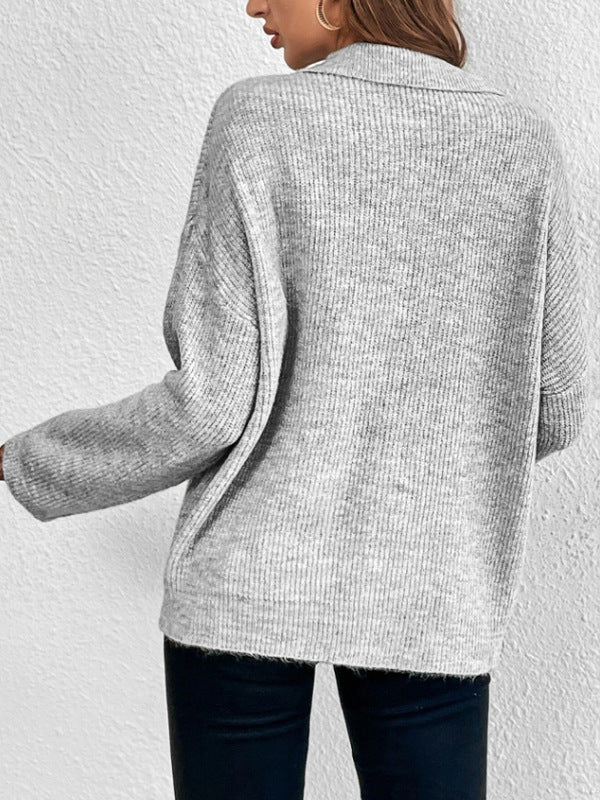 Collared Split Neck Ribbed Knit Top - Grey - 1