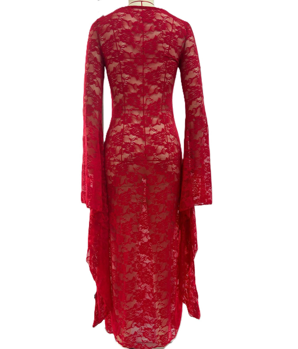 Bell Sleeve Lace Maxi Dress With Side Slit - Red - 1