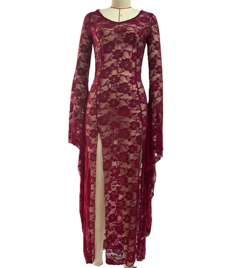 Bell Sleeve Lace Maxi Dress With Side Slit - Winered