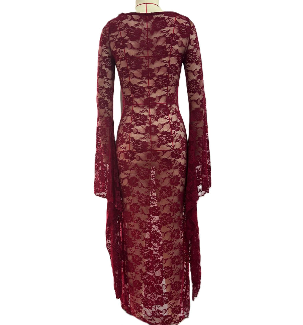 Bell Sleeve Lace Maxi Dress With Side Slit - Winered - 1