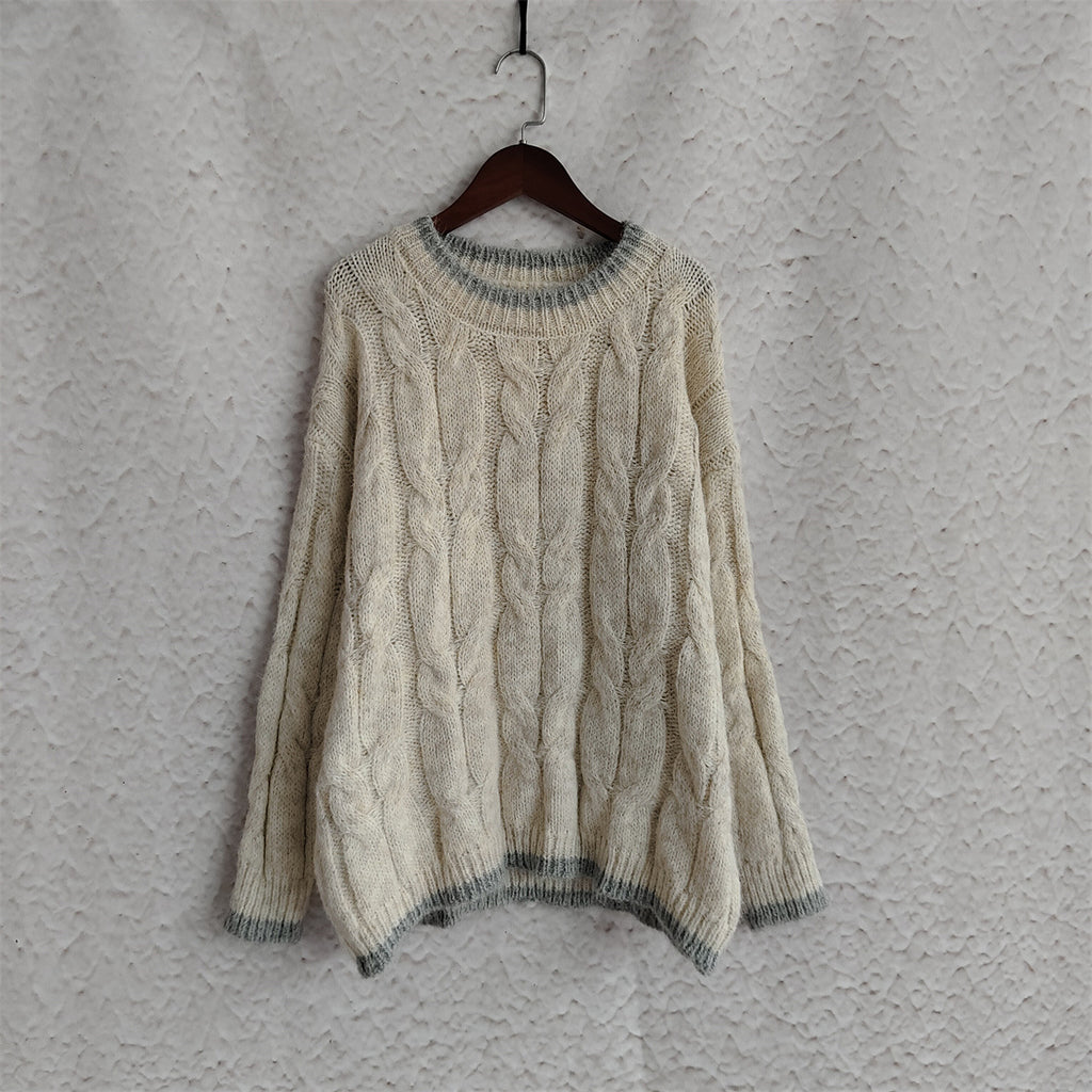 Two Tone Cable Twist Crewneck Sweater - Beige