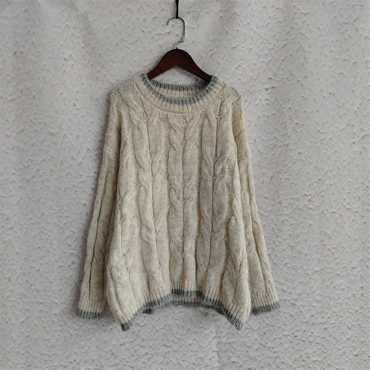 Two Tone Cable Twist Crewneck Sweater - Beige