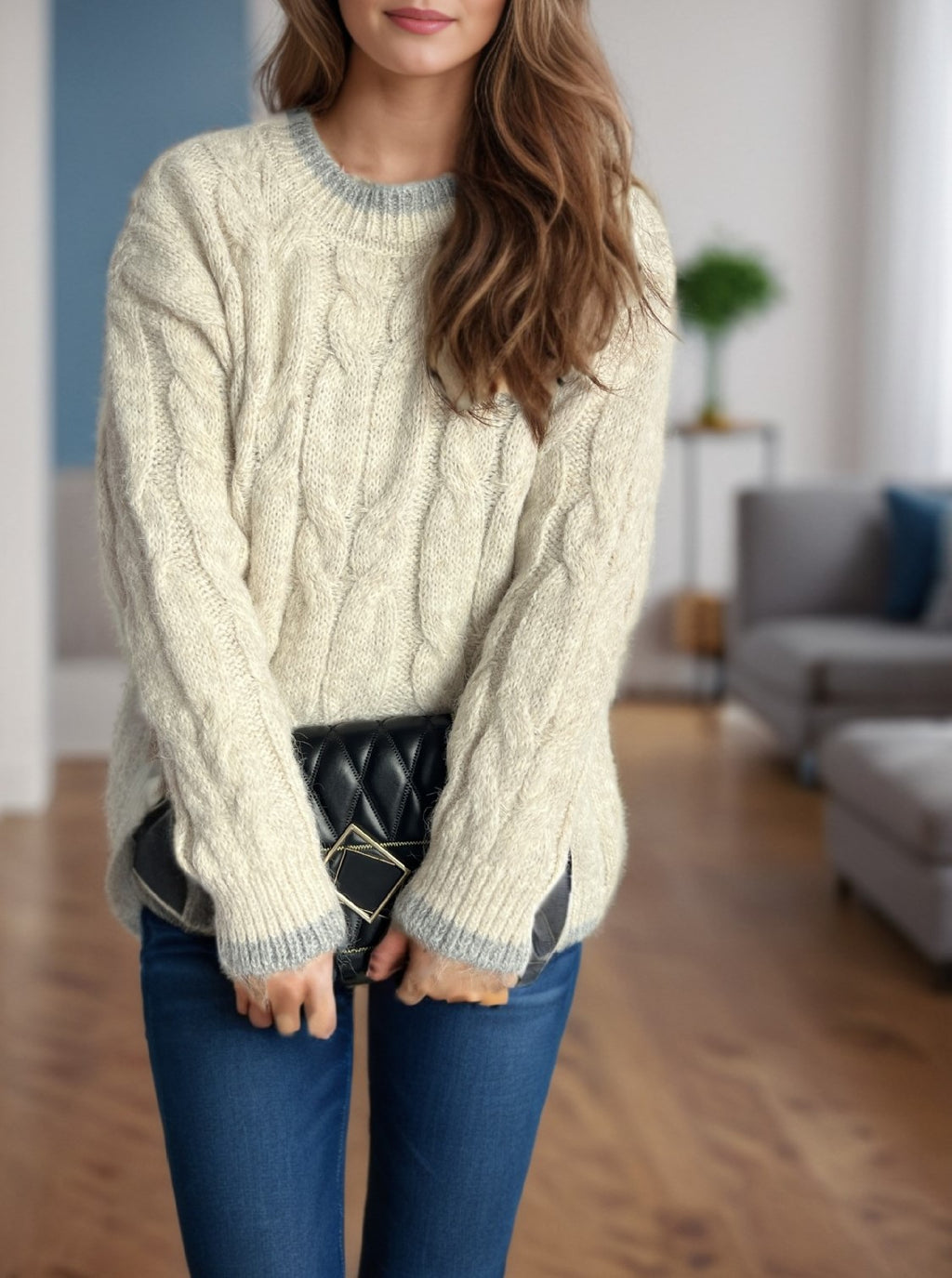 Two Tone Cable Twist Crewneck Sweater - Beige - 2