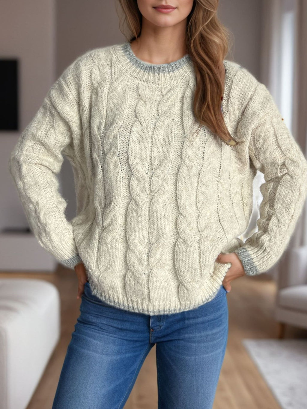 Two Tone Cable Twist Crewneck Sweater - Beige - 3