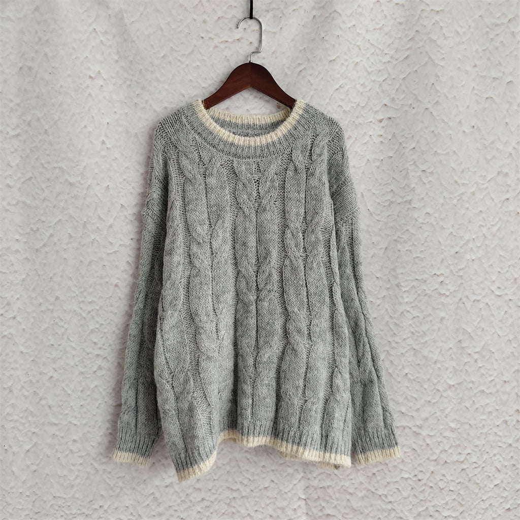 Two Tone Cable Twist Crewneck Sweater - Grey