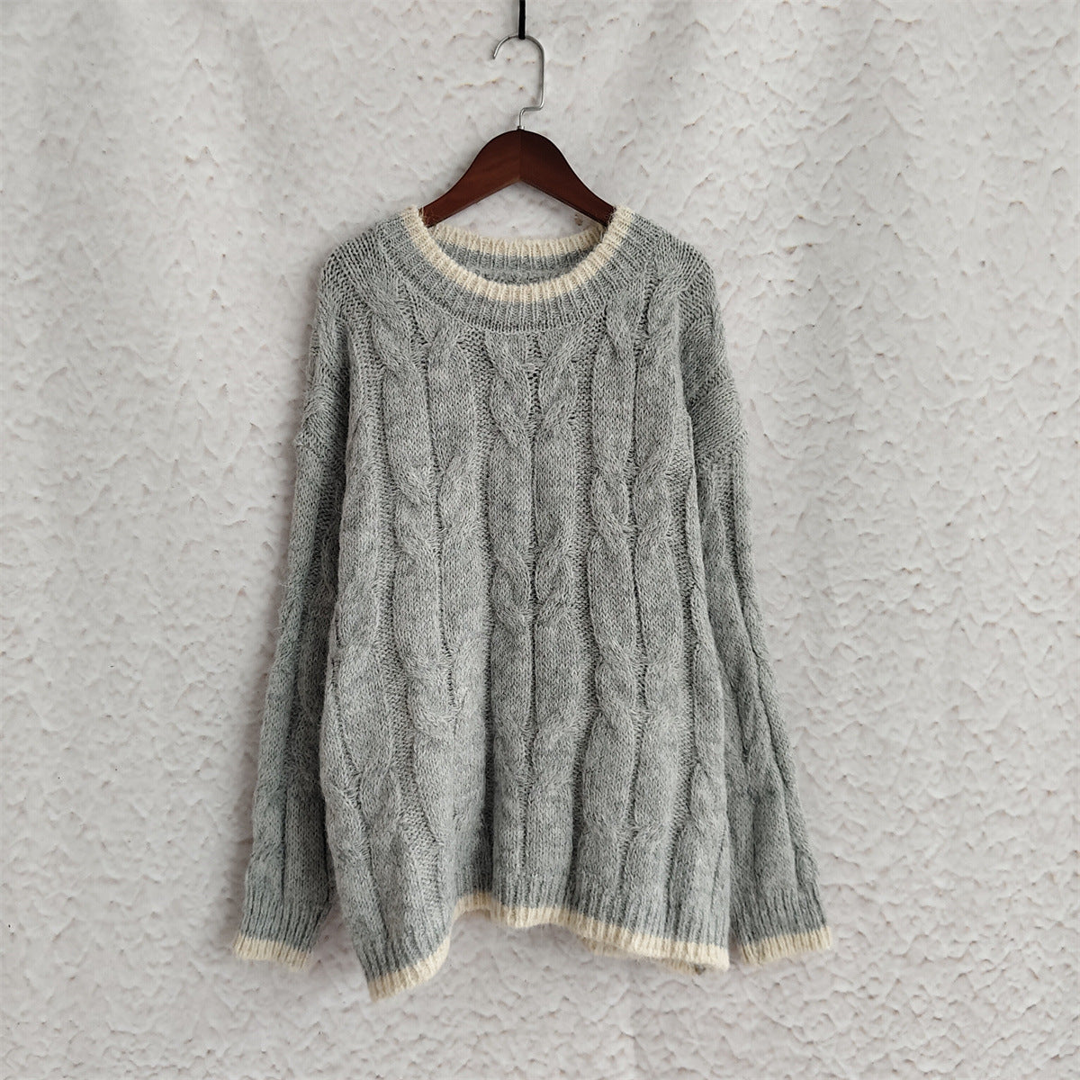 Two Tone Cable Twist Crewneck Sweater - Grey