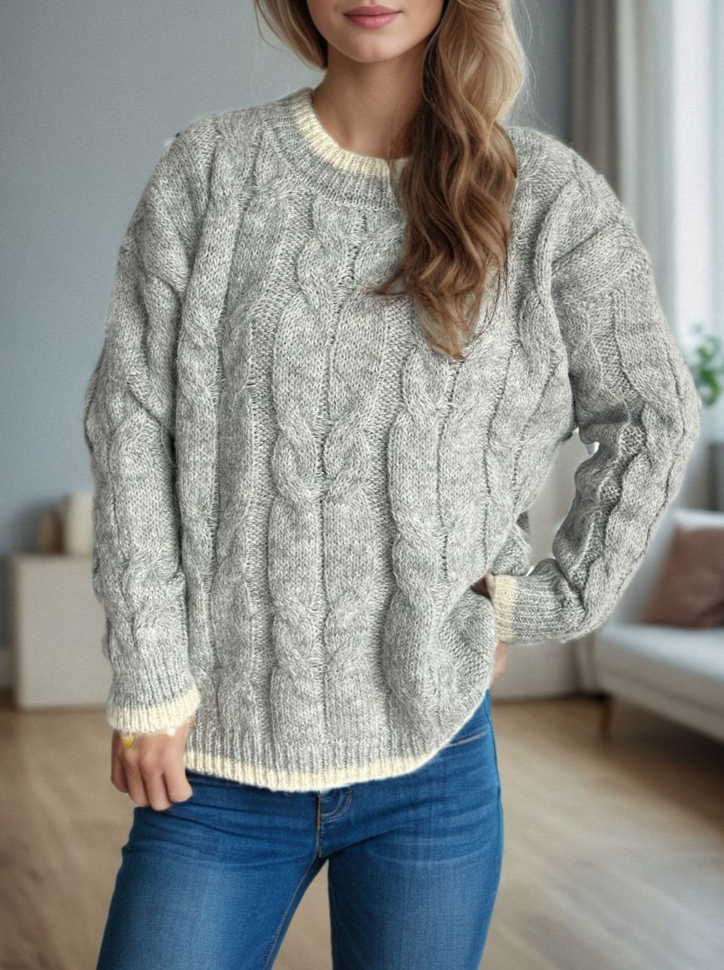 Two Tone Cable Twist Crewneck Sweater - Grey - 1