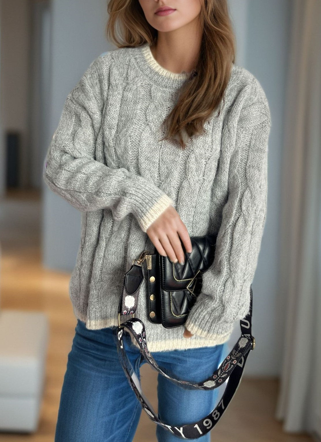 Two Tone Cable Twist Crewneck Sweater - Grey - 2