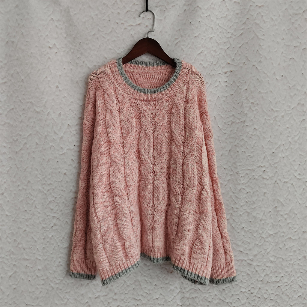 Two Tone Cable Twist Crewneck Sweater - Pink