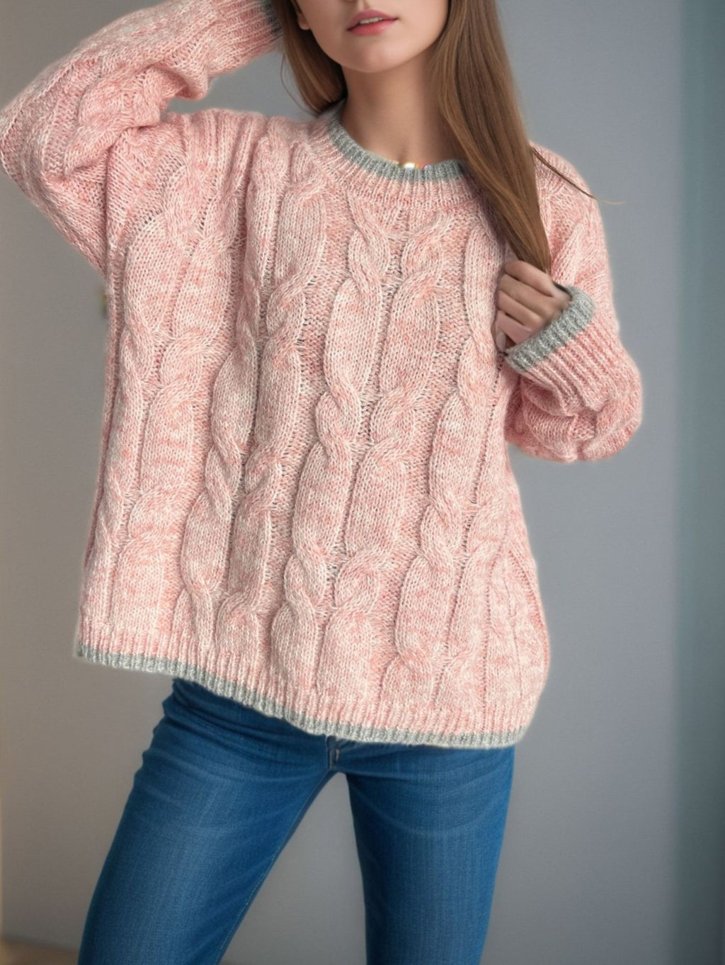 Two Tone Cable Twist Crewneck Sweater - Pink - 1