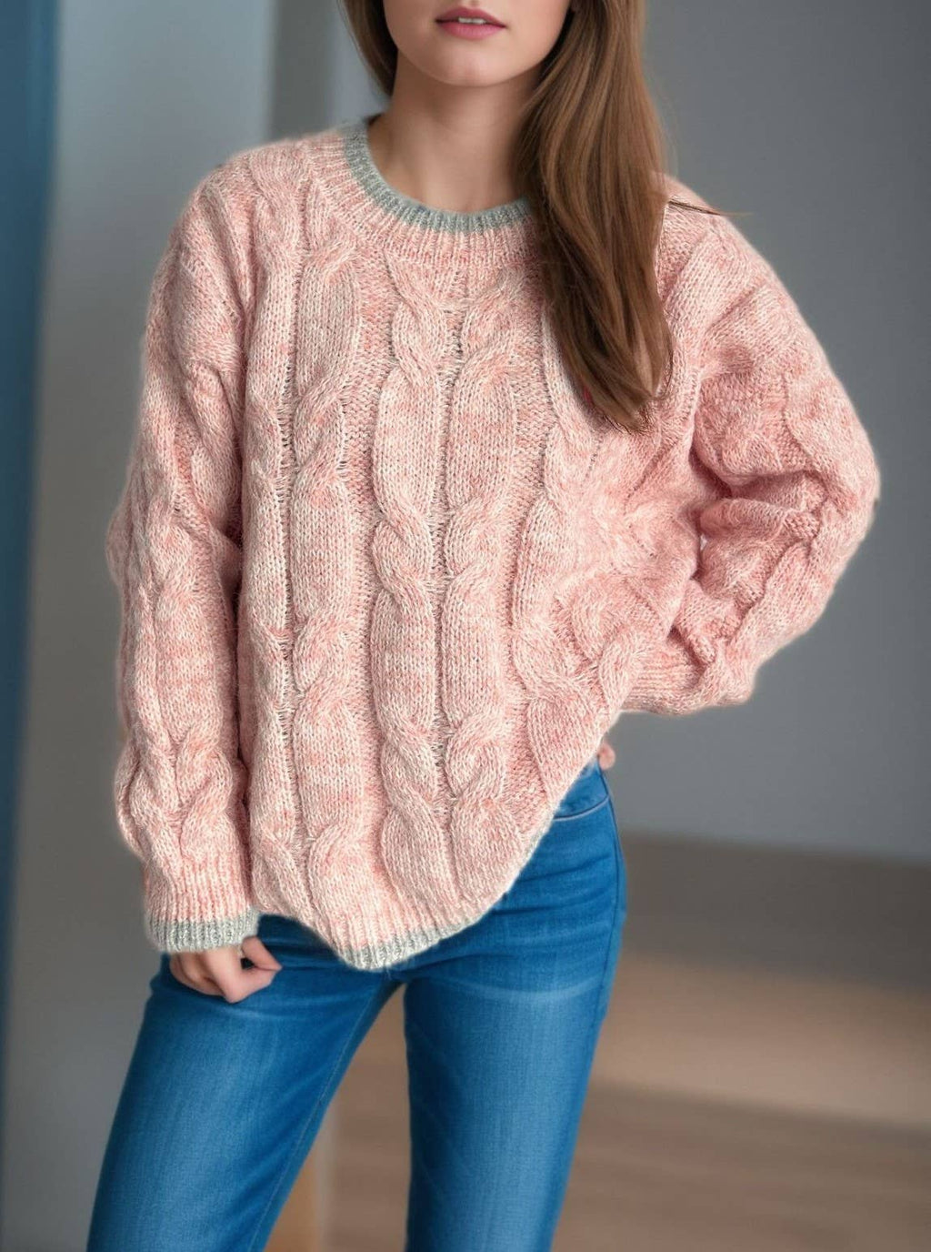 Two Tone Cable Twist Crewneck Sweater