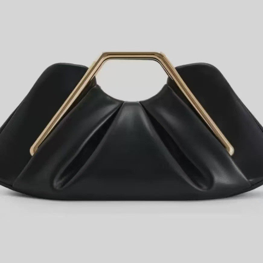 Pleated Clutch with Sculptural Metal Handle - Black
