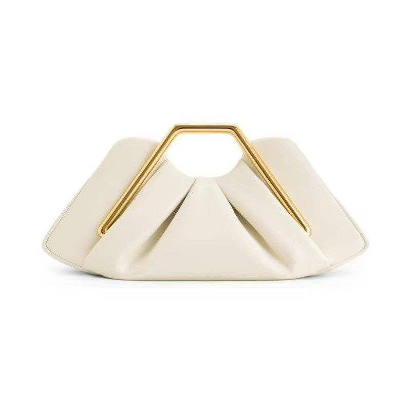 Pleated Clutch with Sculptural Metal Handle - Cream