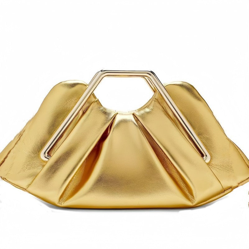 Pleated Clutch with Sculptural Metal Handle - Gold