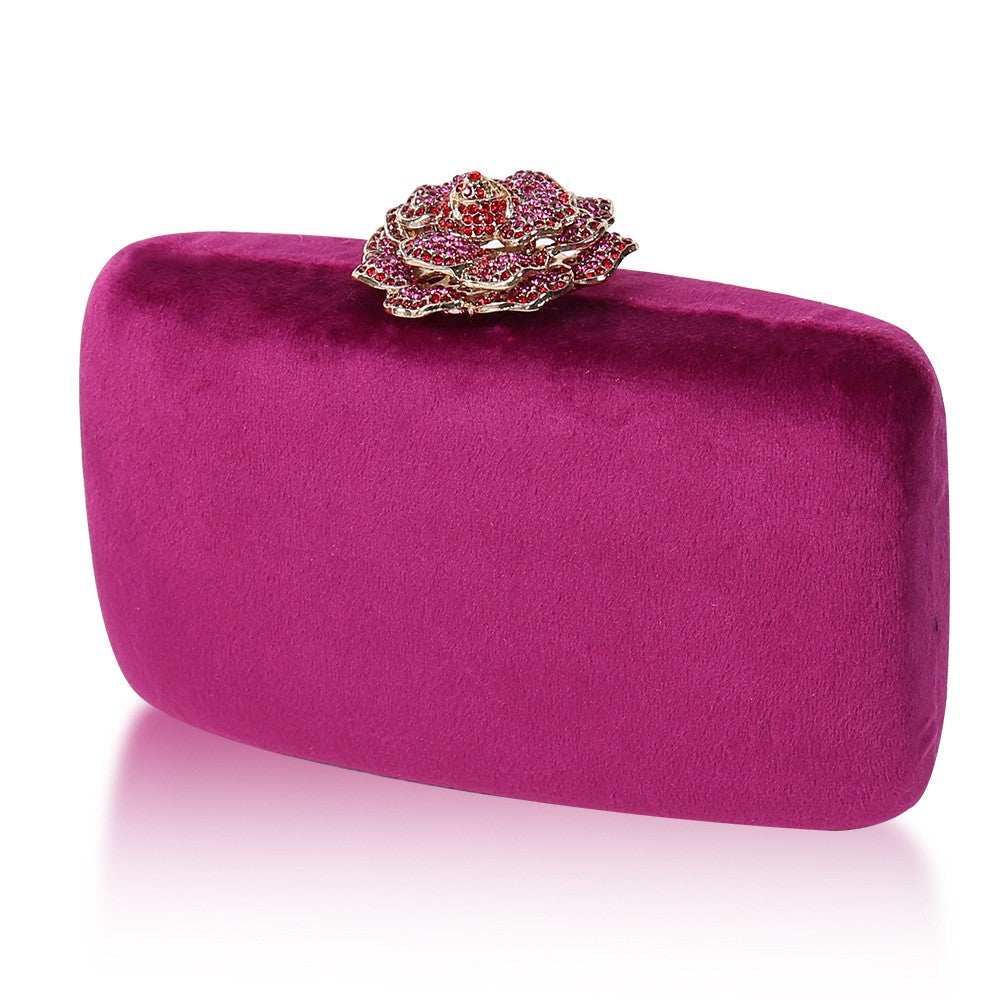 Velvet Box Clutch with Rhinestone Rose Clasp