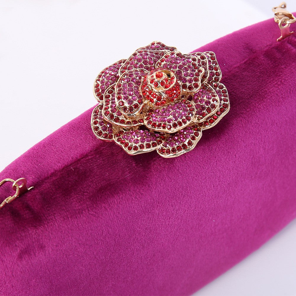 Velvet Box Clutch with Rhinestone Rose Clasp