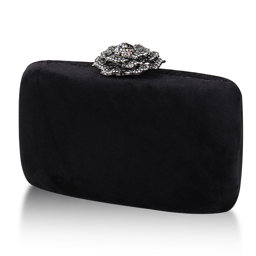 Velvet Box Clutch with Rhinestone Rose Clasp