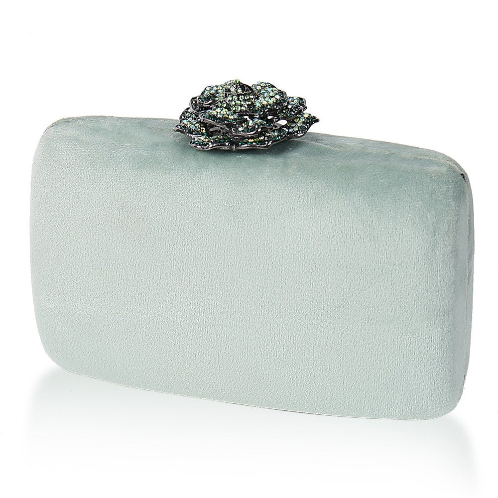 Velvet Box Clutch with Rhinestone Rose Clasp
