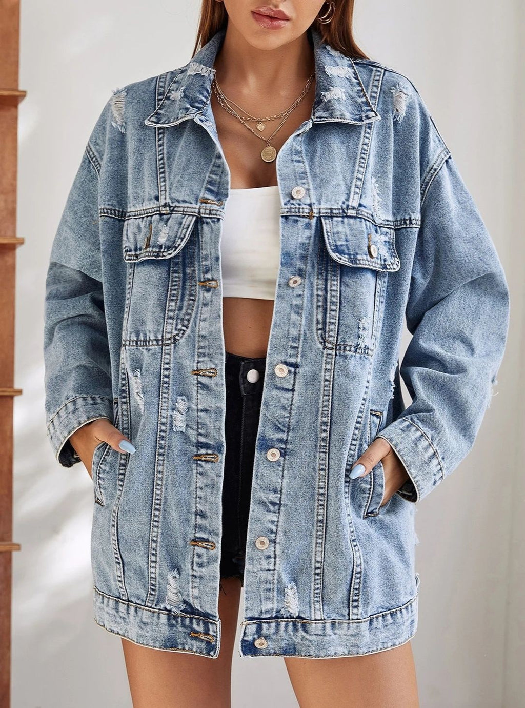Oversized Longline Distressed Denim Jacket - Blue