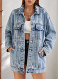 Oversized Longline Distressed Denim Jacket - Blue