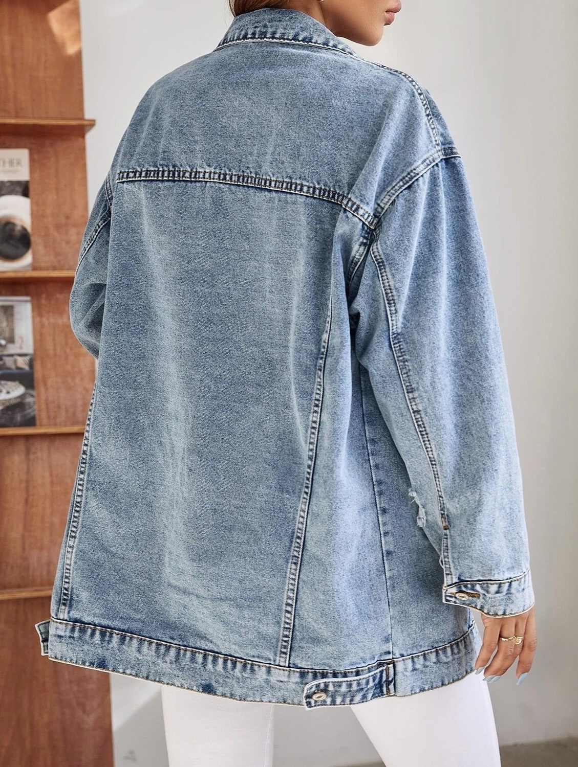 Oversized Longline Distressed Denim Jacket - Blue - 3