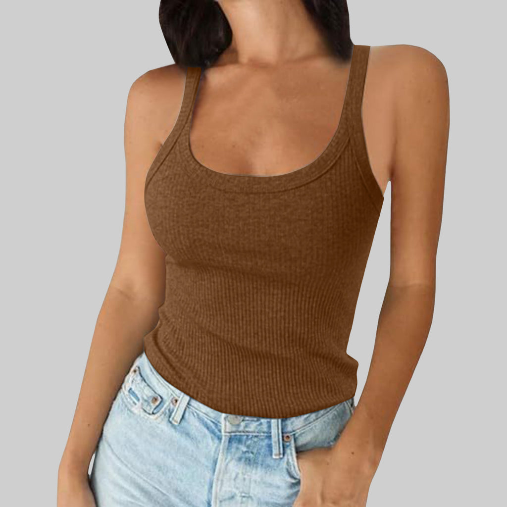 Classic Ribbed Scoop Neck Vest Top - Coffee