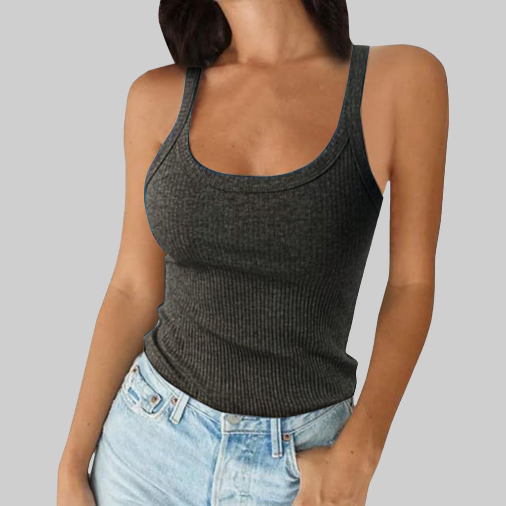 Classic Ribbed Scoop Neck Vest Top - DarkGrey
