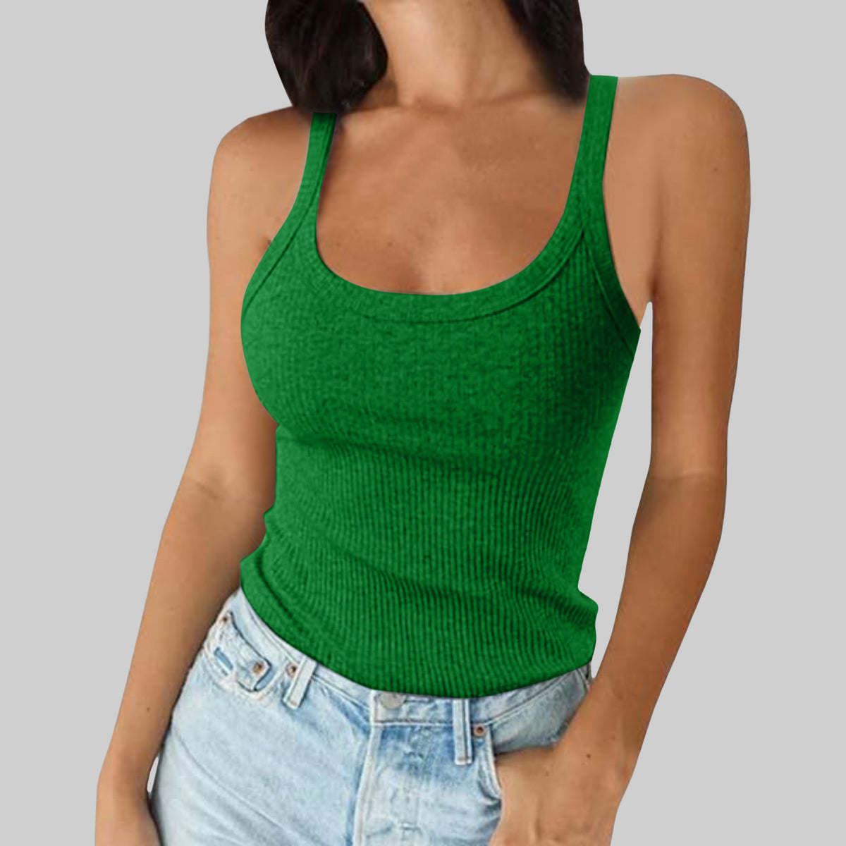 Classic Ribbed Scoop Neck Vest Top - Green