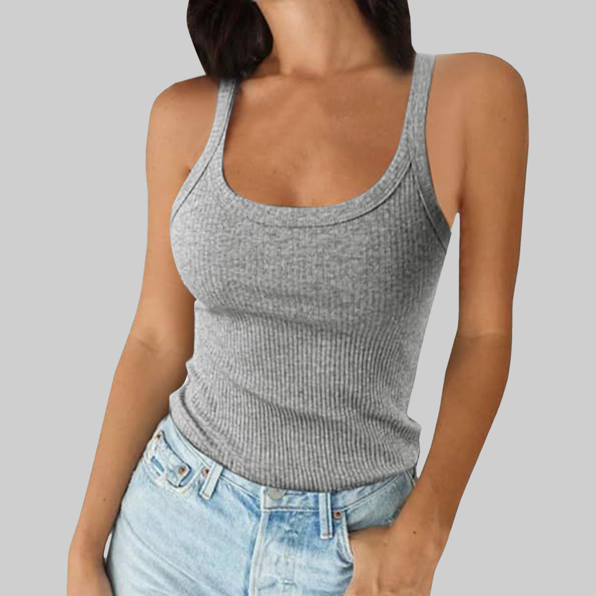 Classic Ribbed Scoop Neck Vest Top - Grey