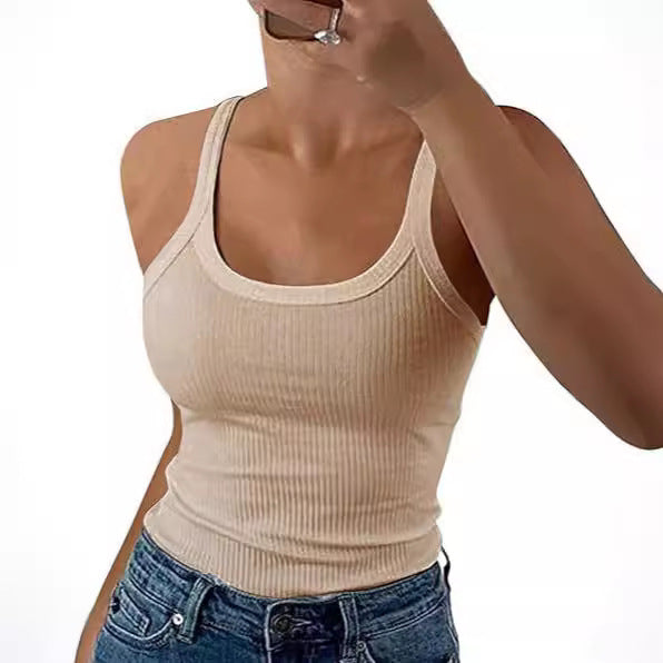 Classic Ribbed Scoop Neck Vest Top - Khaki - 1