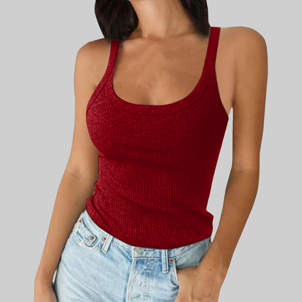 Classic Ribbed Scoop Neck Vest Top - WineRed