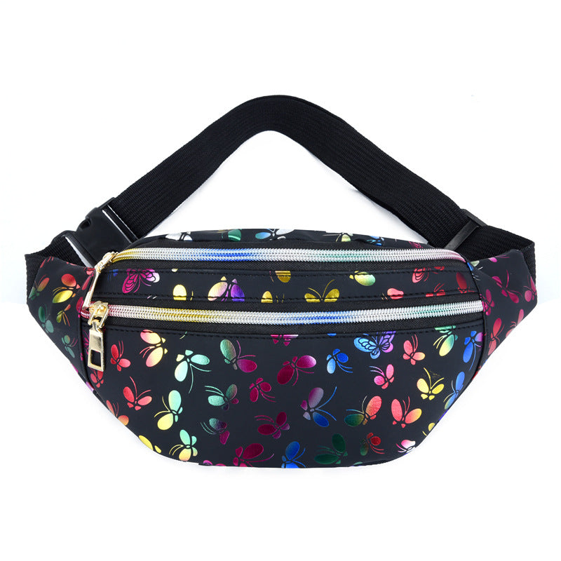Butterfly Print Double Zip Crossbody Bag - Black